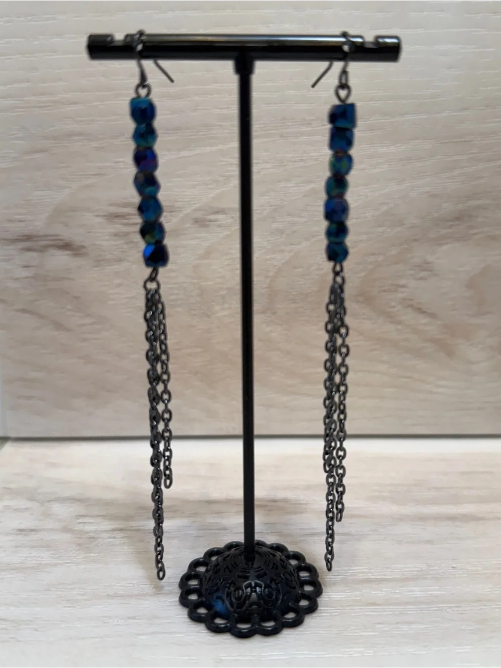 OOAK 4.5”L Vintage Glass Beaded Earrings w/ Gunmetal Chains Custom Handmade